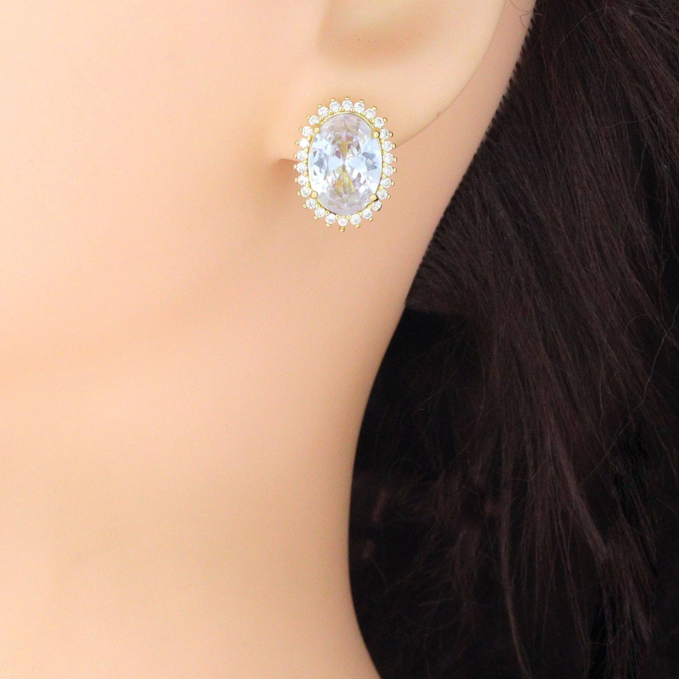 Big Oval Crystal Clip on Stud Earrings, Sku#LK1120