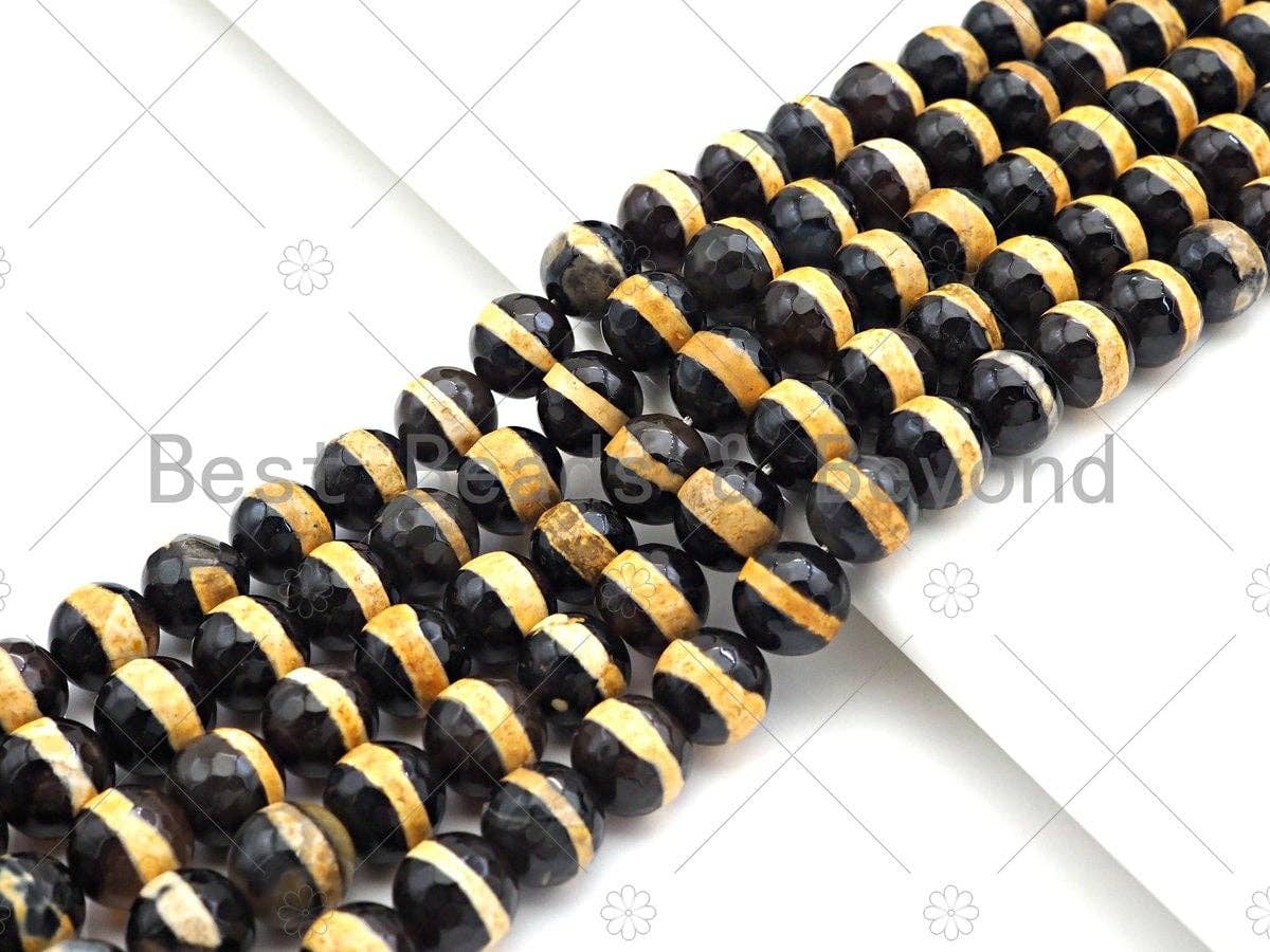 Dzi Agate Faceted Round Beads with Orange Line, 6mm/8mm/10mm, Orange Black Tibetan Beads, Agate Beads, 15.5'' Full Strand,Sku#U1073