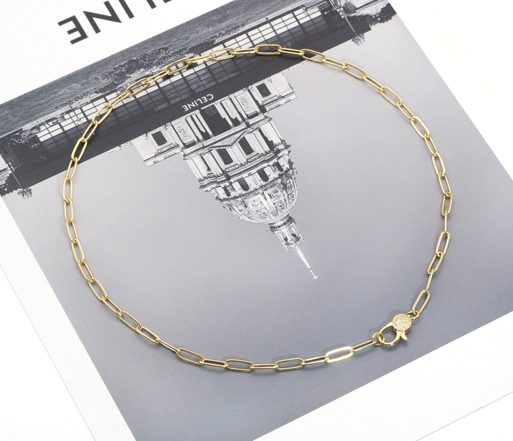 Matte/Shinny Gold Paperclip  Necklace with CZ Clasp, #EF256