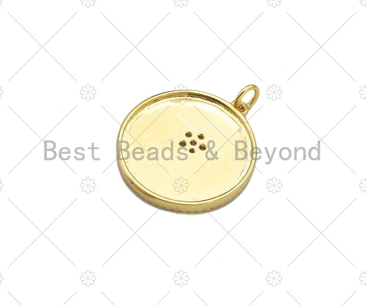 CZ Micro Pave Enamel Pink Five Star On Round Coin Pendant, 18K Gold Pendant, Star Charm, Pink Enamel Charm, 24x22mm,Sku#L565