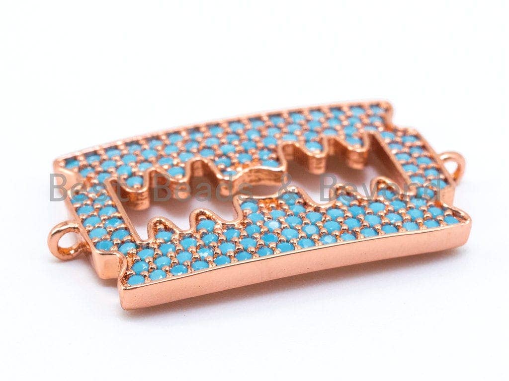 CZ Turquoise Micro Pave Razor Blade Connector, Blue CZ Pave in Gold, Silver, Black, Rose Gold Finish Charm, Bracelet Charm,15x26mm, sku#M20