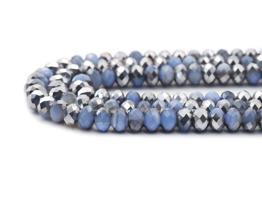 Natural Half Silver Plated Blue Banded Agate Rondelle Faceted Beads, Sku#UA291