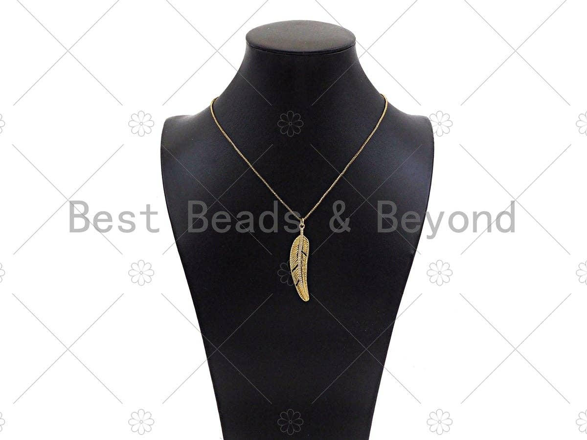 18K Gold Filled Feather Shape Pendant,CZ Micro Pave Gold Filled Charm, Necklace Bracelet Charm Pendant,12x48mm,Sku#Z1342