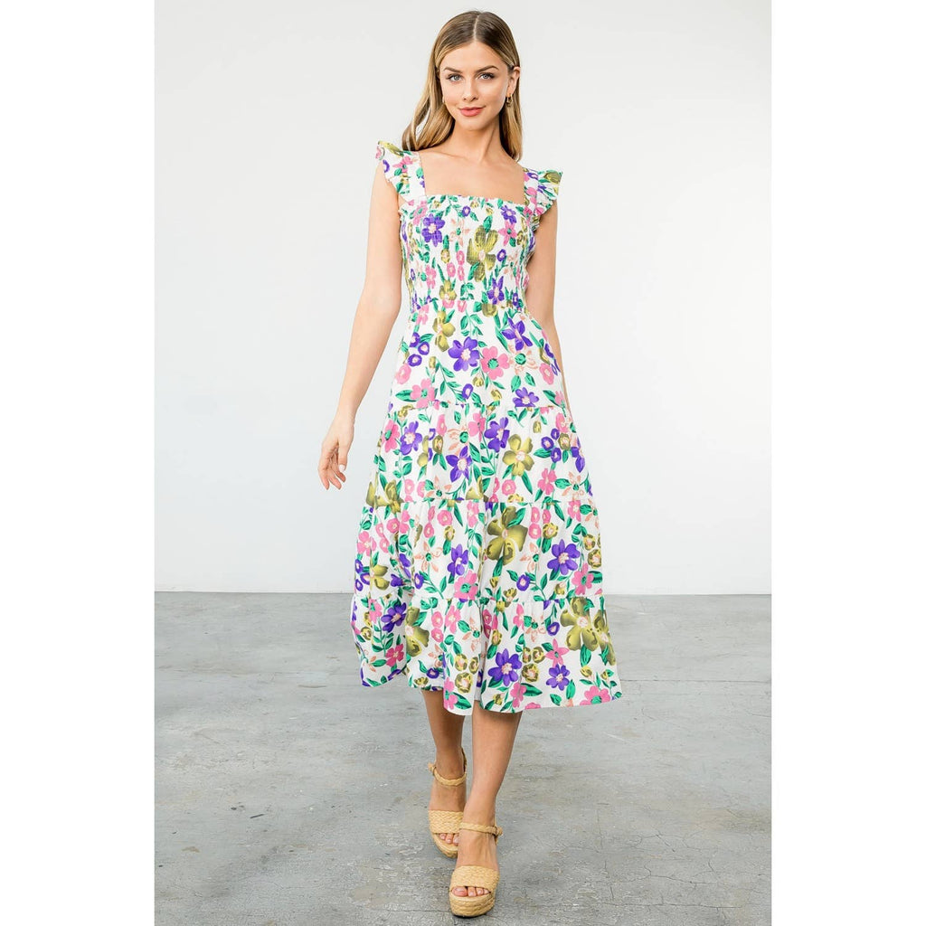 SUZY- Flower Smocked Midi Dress