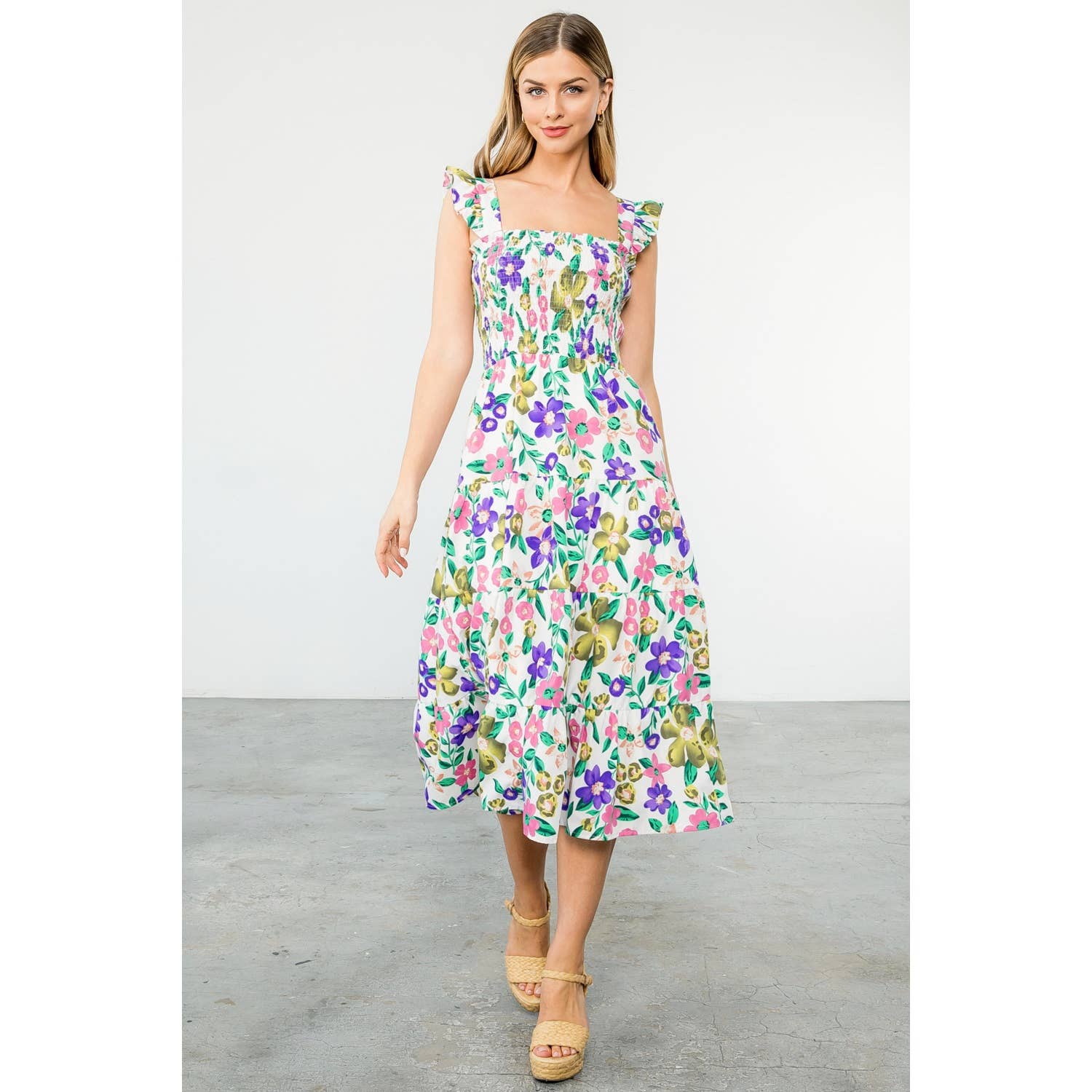 SUZY- Flower Smocked Midi Dress