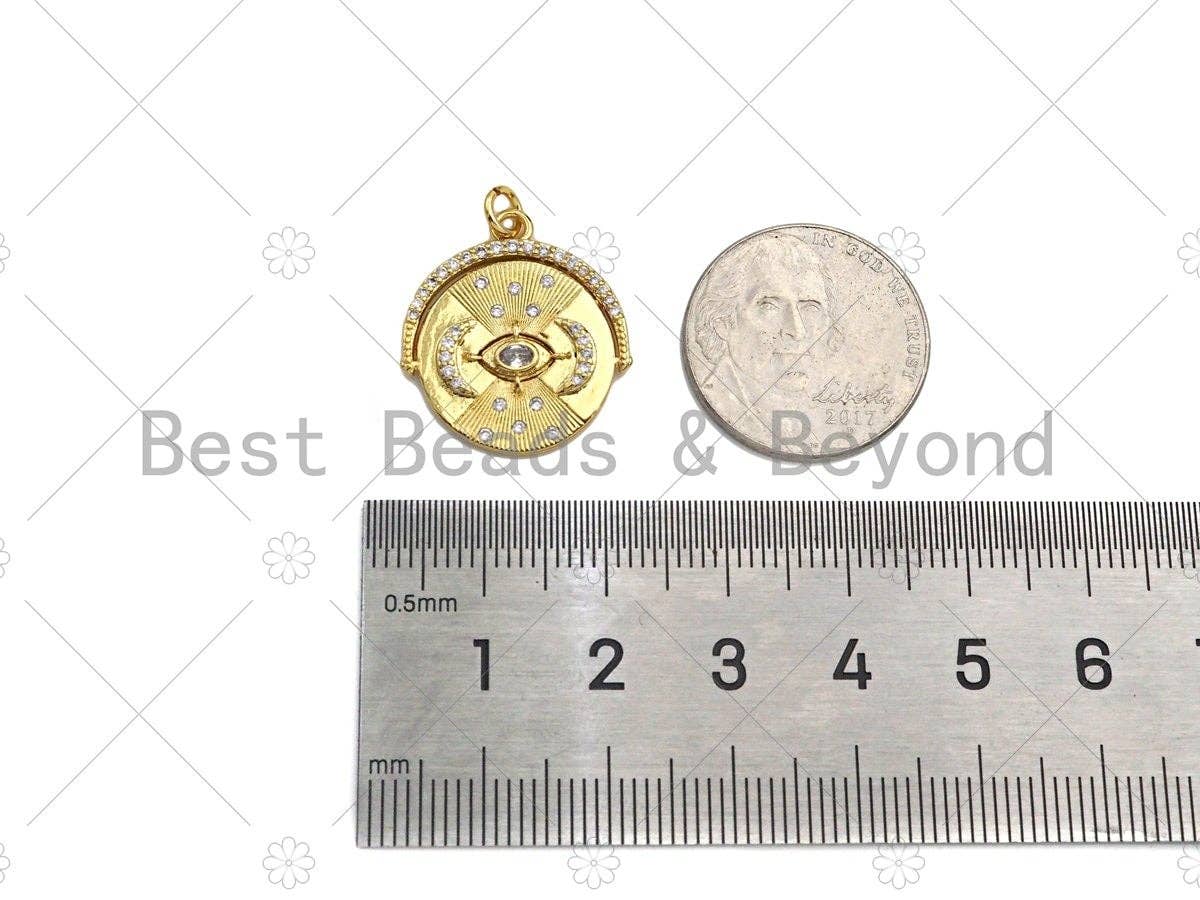 CZ Micro Pave Evil Eye with Crescent Moon On Round Coin Shape, 18K Gold Medallion Charm, Necklace Bracelet Charm Pendant,19x22mm,Sku#Z1332