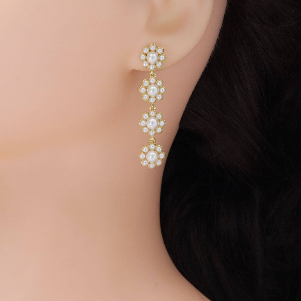 Gold White Pearl Flower long Earrings, Sku#LD532