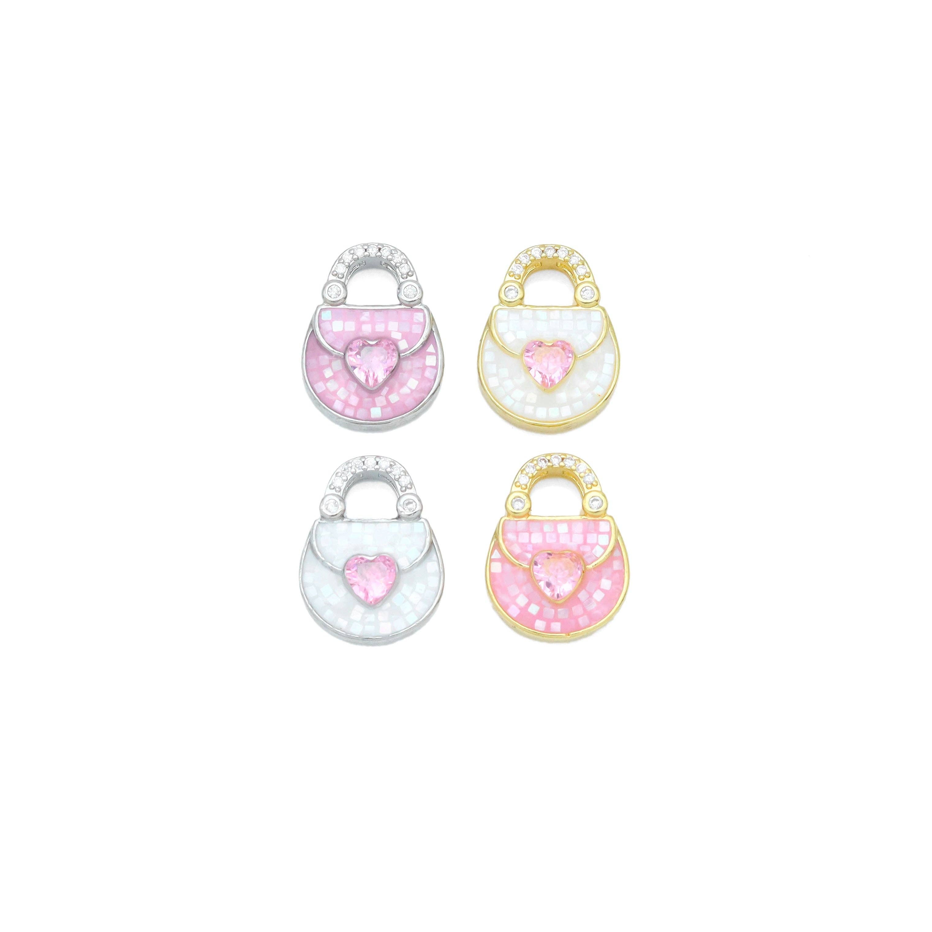 CZ Pave Mother of Pearl Heart Purse Charm Pendant, Sku#WL16