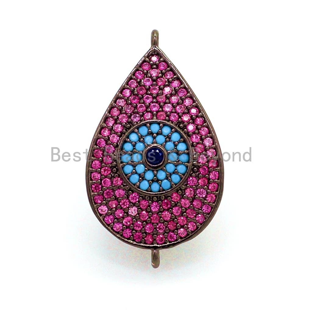 CZ Micro Pave Fuchsia Teardrop Connector with Turquoise Evil Eye for Bracelet/Necklace, Cubic Ziroconia Space Connector, 15x27mm,sku#E26C
