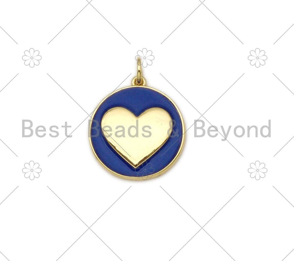 Gold Heart On Colorful Enamel Round Coin Shape Pendant, 18K Gold Filled Heart Charm,Enamel Pendant,Enamel Jewelry,17x19mm,Sku#F1411C