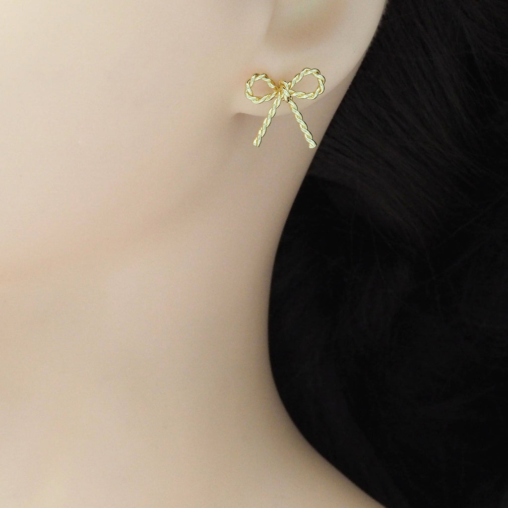 CZ Gold Twisted Wire Bow Tie Stud Earrings, Sku#LX407