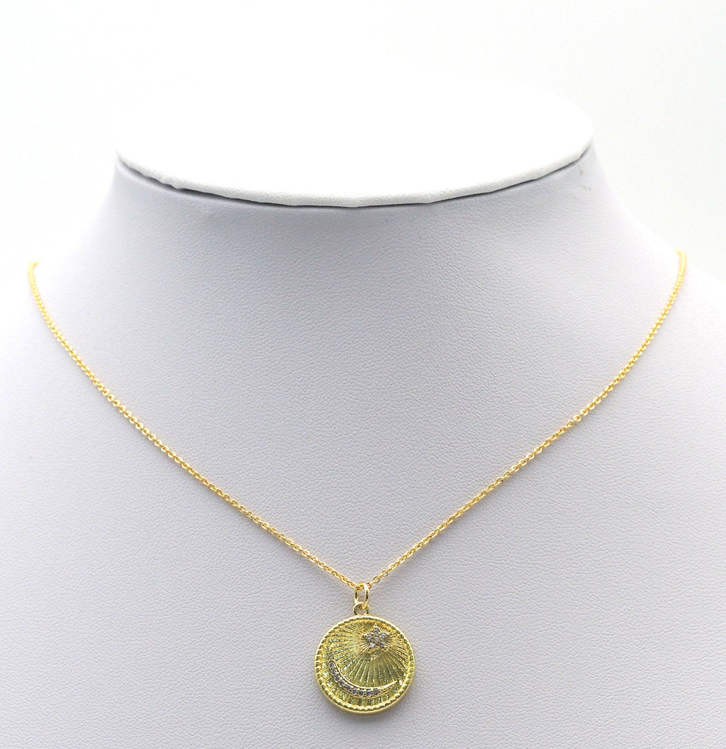 Pave Gold Cresent Moon Star Medallion Coin Charm, Sku#LX117