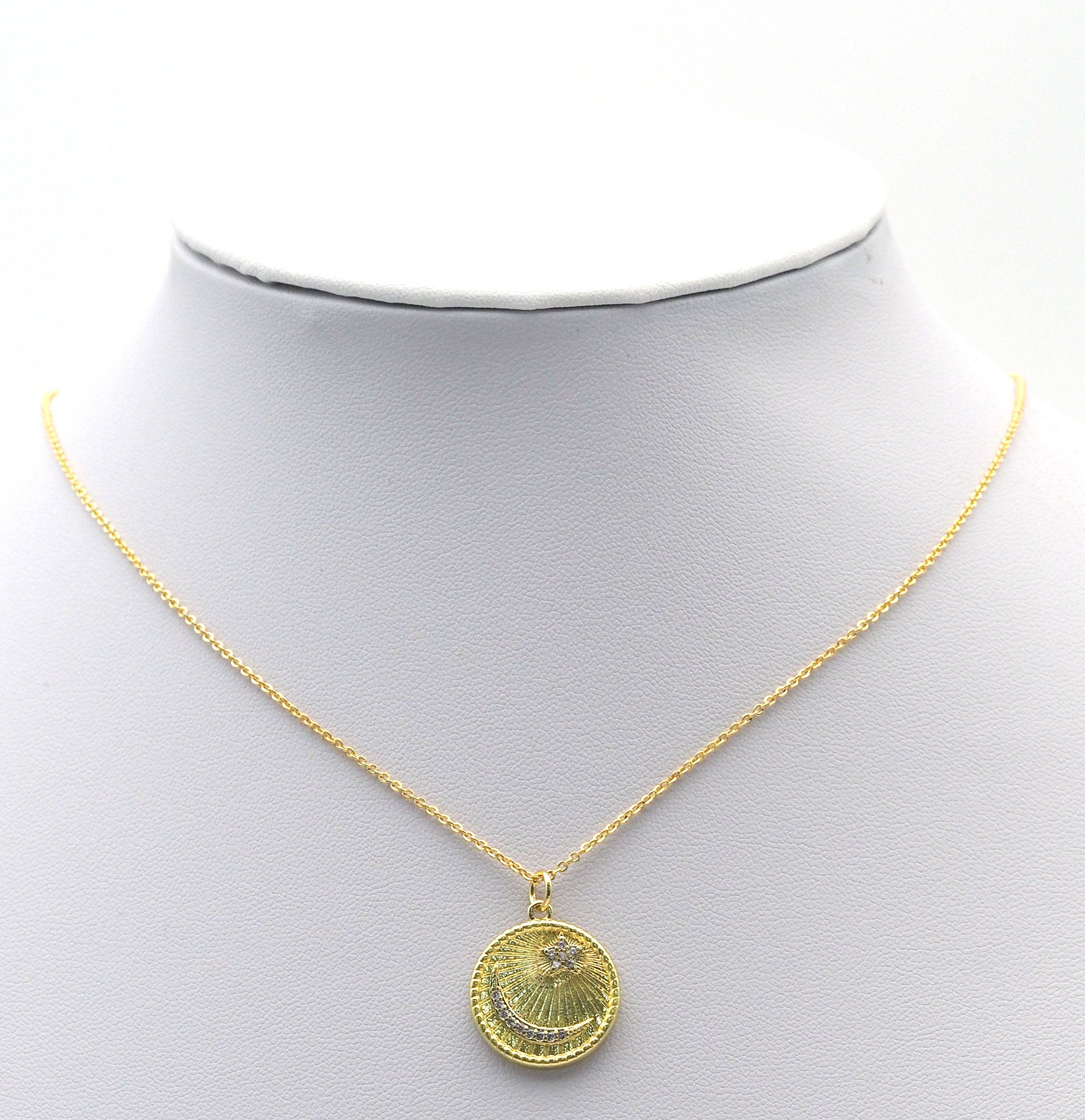 Pave Gold Cresent Moon Star Medallion Coin Charm, Sku#LX117