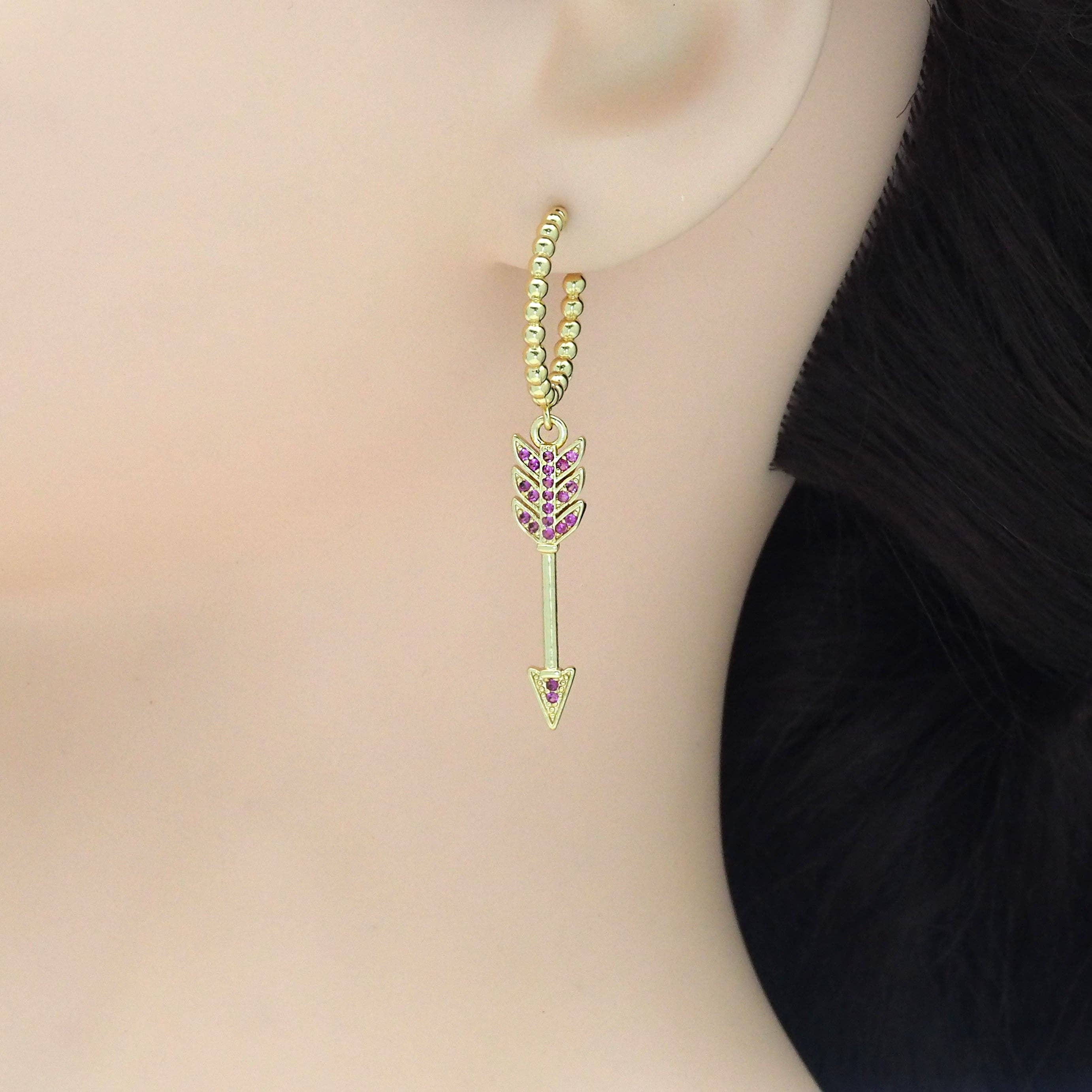 Fuchsia CZ Arrow Hoop Earrings, Sku#LK853