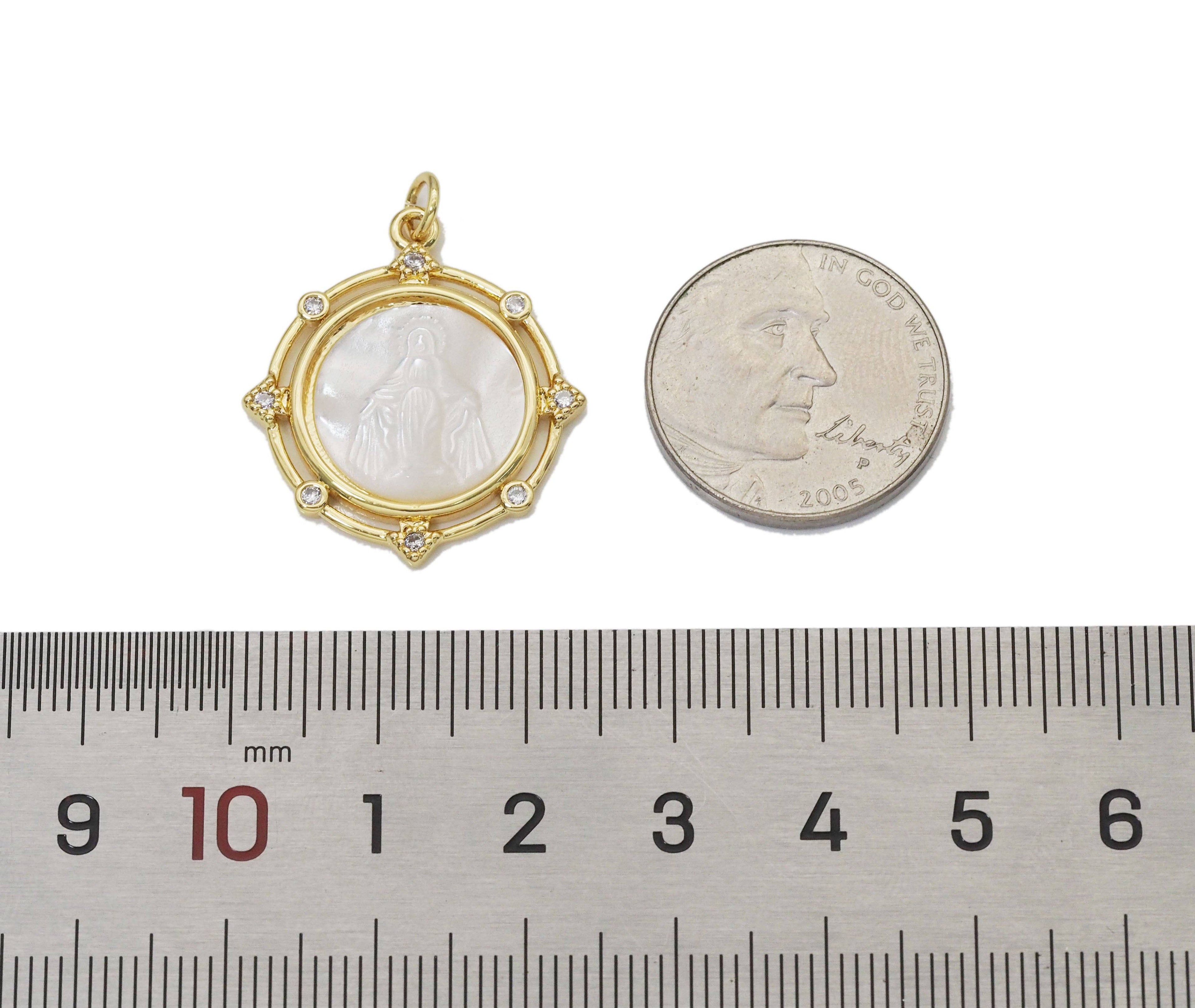 CZ Gold White Mop Pearl Mary Religious Charm, Sku#LX137