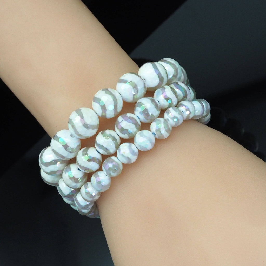 AB Mystic White Tibetan Agate Stretchy Bracelet, Sku#EF422