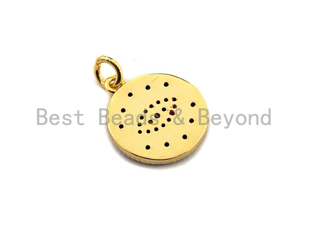 Dual Color CZ Micro Pave Evil Eye on Disc Pendant/Charm,Evil Eye Cubic Zirconia Pendant, Gold Tone,15x17mm,Sku#Z453