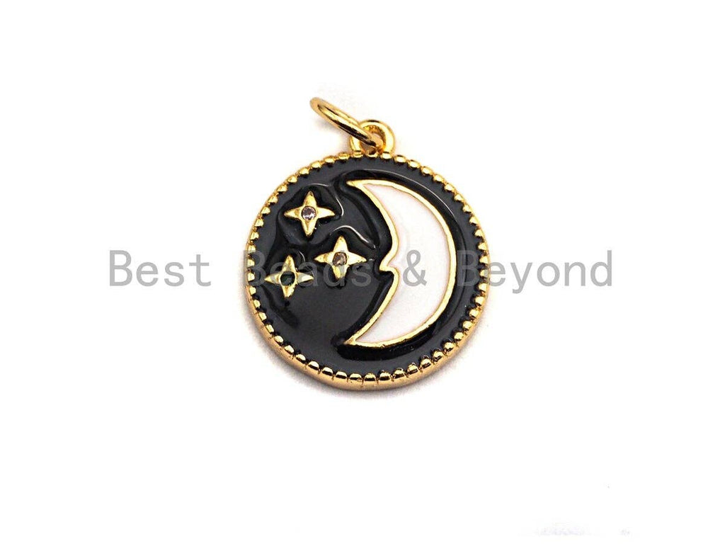 Black white Moon Star Enamel Round Disc Charm, Enamel Charm Pendant, Enamel Jewerly,  Moon star Jewerly, 15x17mm,sku#Z409