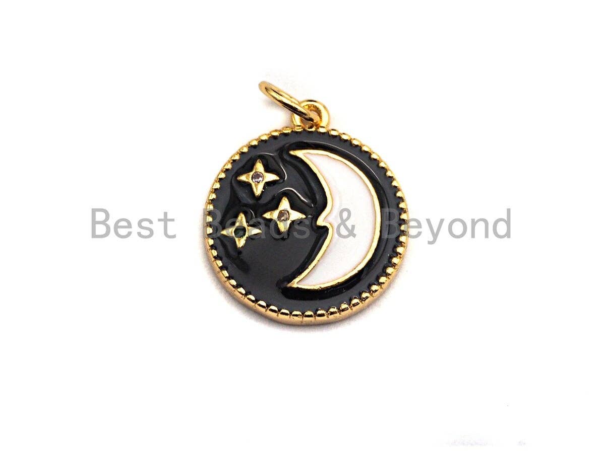Black white Moon Star Enamel Round Disc Charm, Enamel Charm Pendant, Enamel Jewerly,  Moon star Jewerly, 15x17mm,sku#Z409