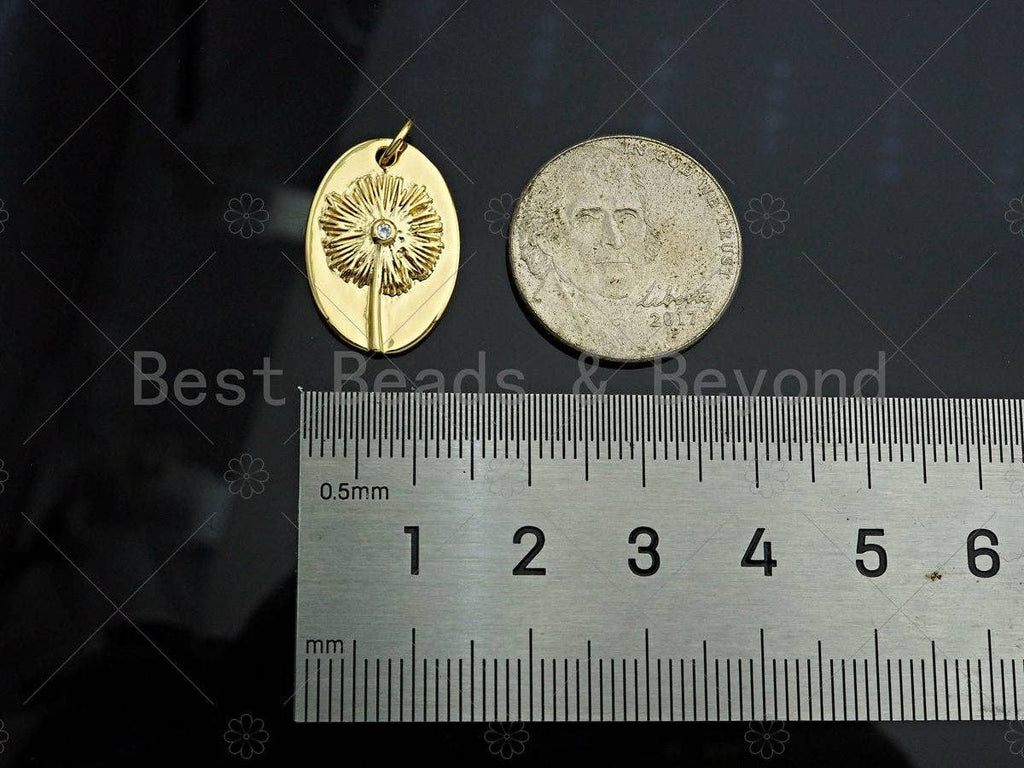 Gold Filled CZ Micro Pave Dandelion On Oval Shape Pendant, 18K Gold Filled Dandelion Charm, Necklace Bracelet Charm Pendant,14x20mm,Sku#Y464