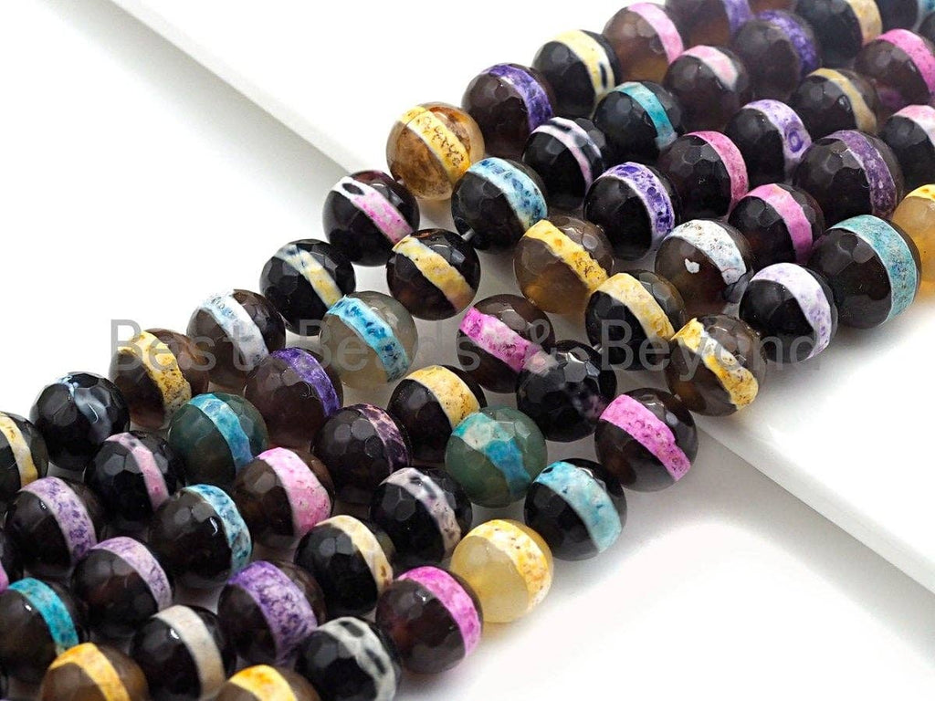 Dzi Agate faceted round beads with Rainbow line, 8mm/10mm/12mm/14mm, mixed color Tibetan beads, agate beads wholesale -15inch, sku#U628