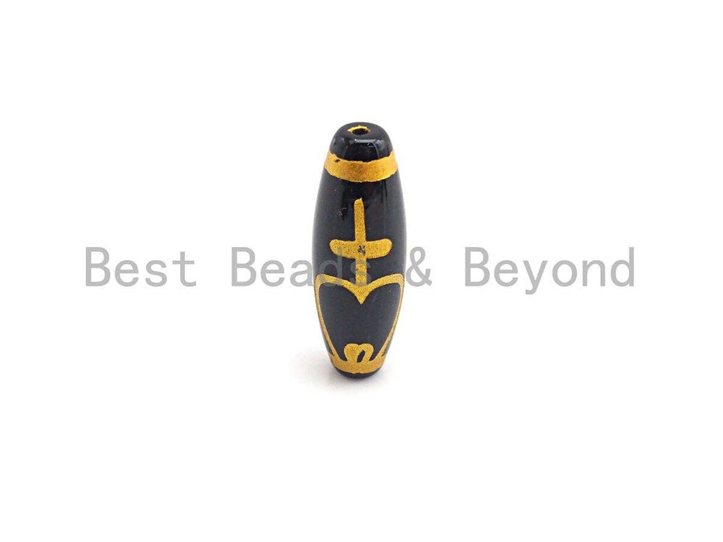 Natural Tibetan Agate Long Oval Shape Beads, Black Gold Dzi beads, Barrel Agate Beads, 10x30mm, sku#U584