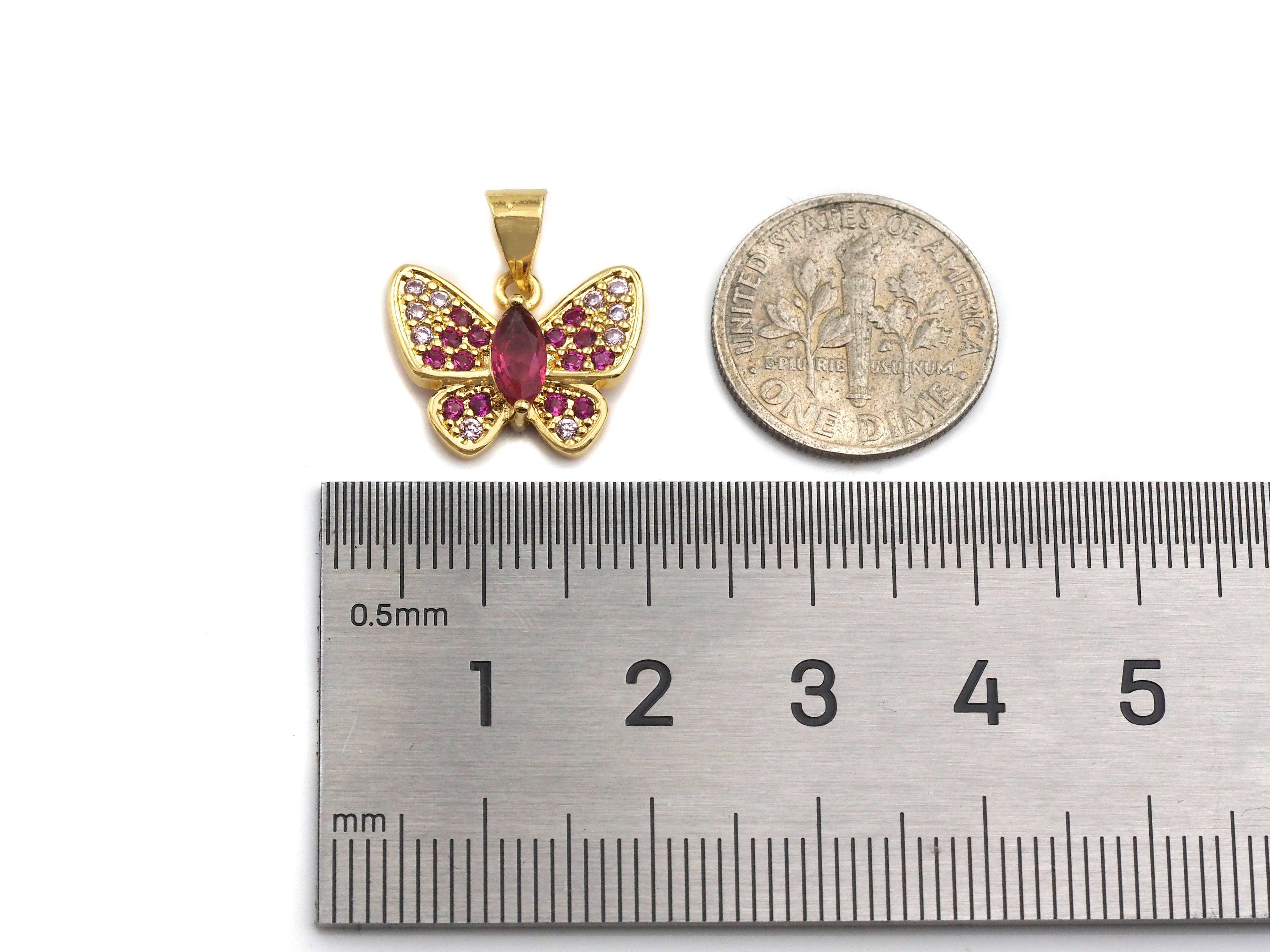 Gold Fuchsia CZ Butterfly Shape Charm, Sku#LK76