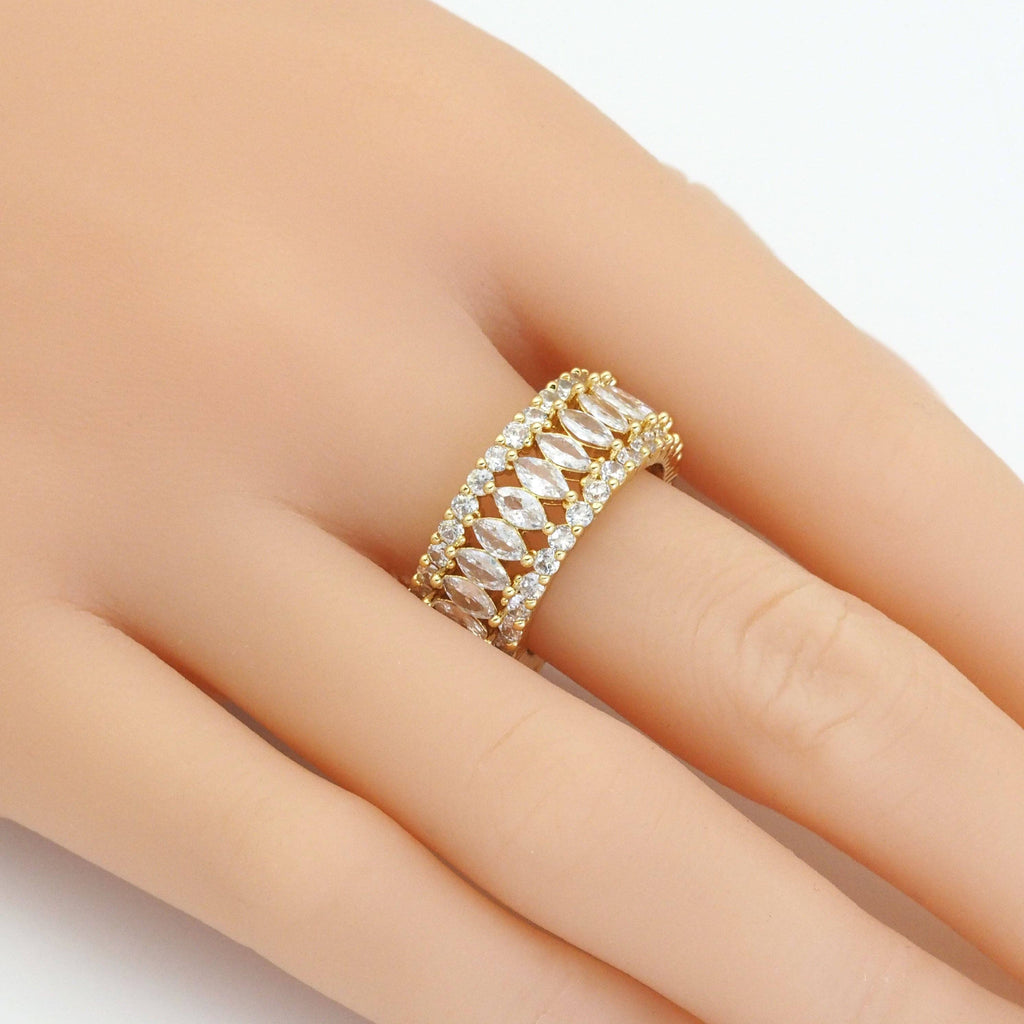 Thick Closed Band Gold Clear Oval CZ Filigree Ring, Sku#LX261