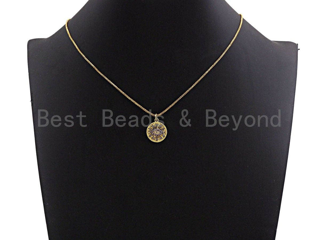 Dual Color CZ Micro Pave Evil Eye on Disc Pendant/Charm,Evil Eye Cubic Zirconia Pendant, Gold Tone,15x17mm,Sku#Z453