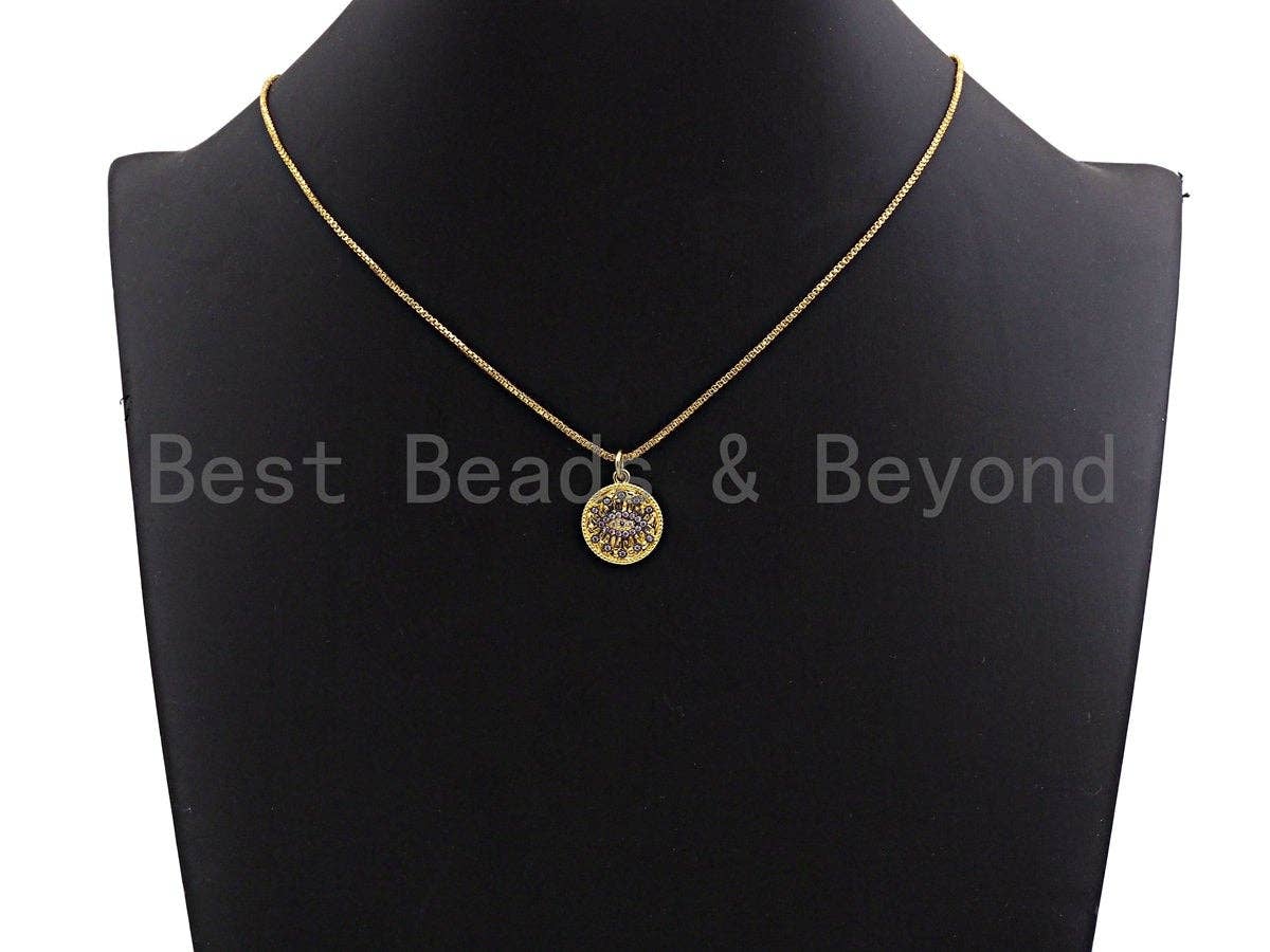 Dual Color CZ Micro Pave Evil Eye on Disc Pendant/Charm,Evil Eye Cubic Zirconia Pendant, Gold Tone,15x17mm,Sku#Z453