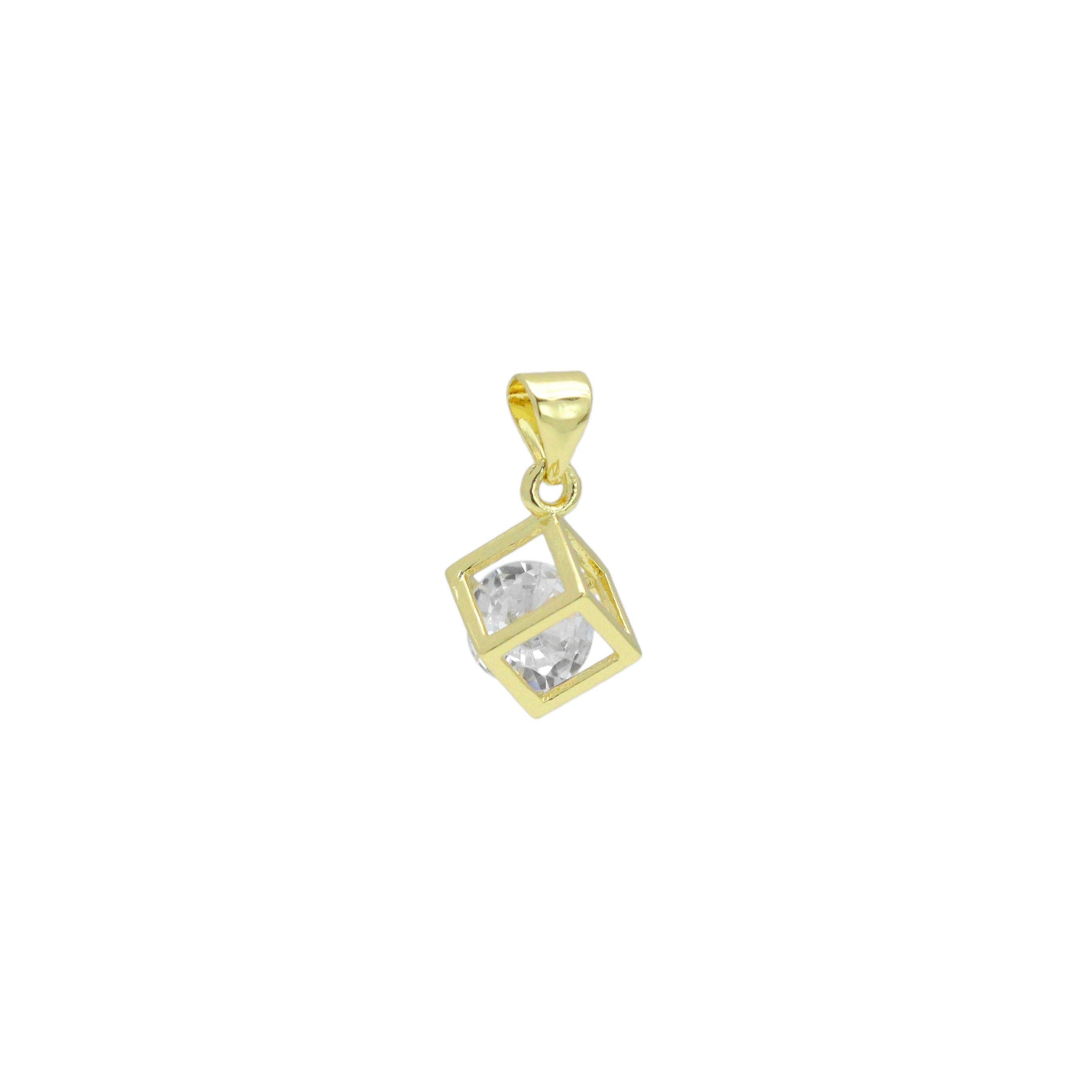 Clear CZ Gold Diamond Cube Cage Charm Pendant, Sku#LK1079