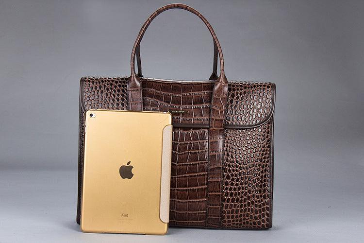 Sacoche pour ordinateur portable en cuir de crocodile exotique - Cuir de vachette véritable de luxe pour femmes élégantes