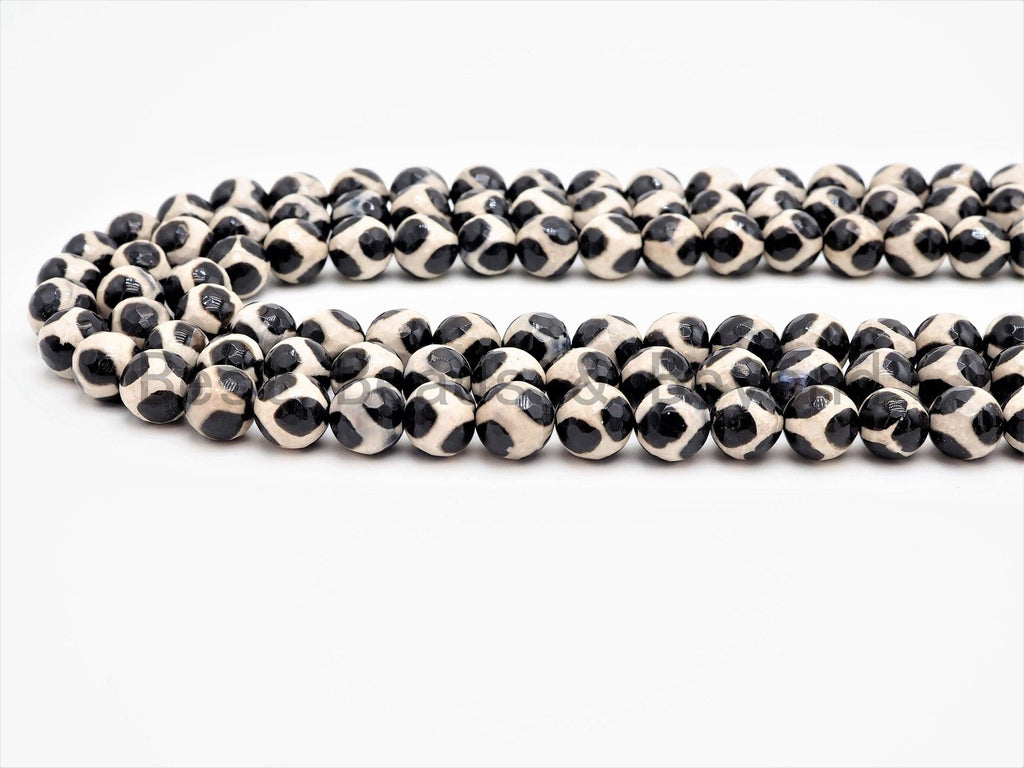 Dzi Black White Spotted Agate Round Faceted Beads, 6mm/8mm/10mm/12mm beads, Agate Gemstone Beads, 15.5inch strand, SKU#U340