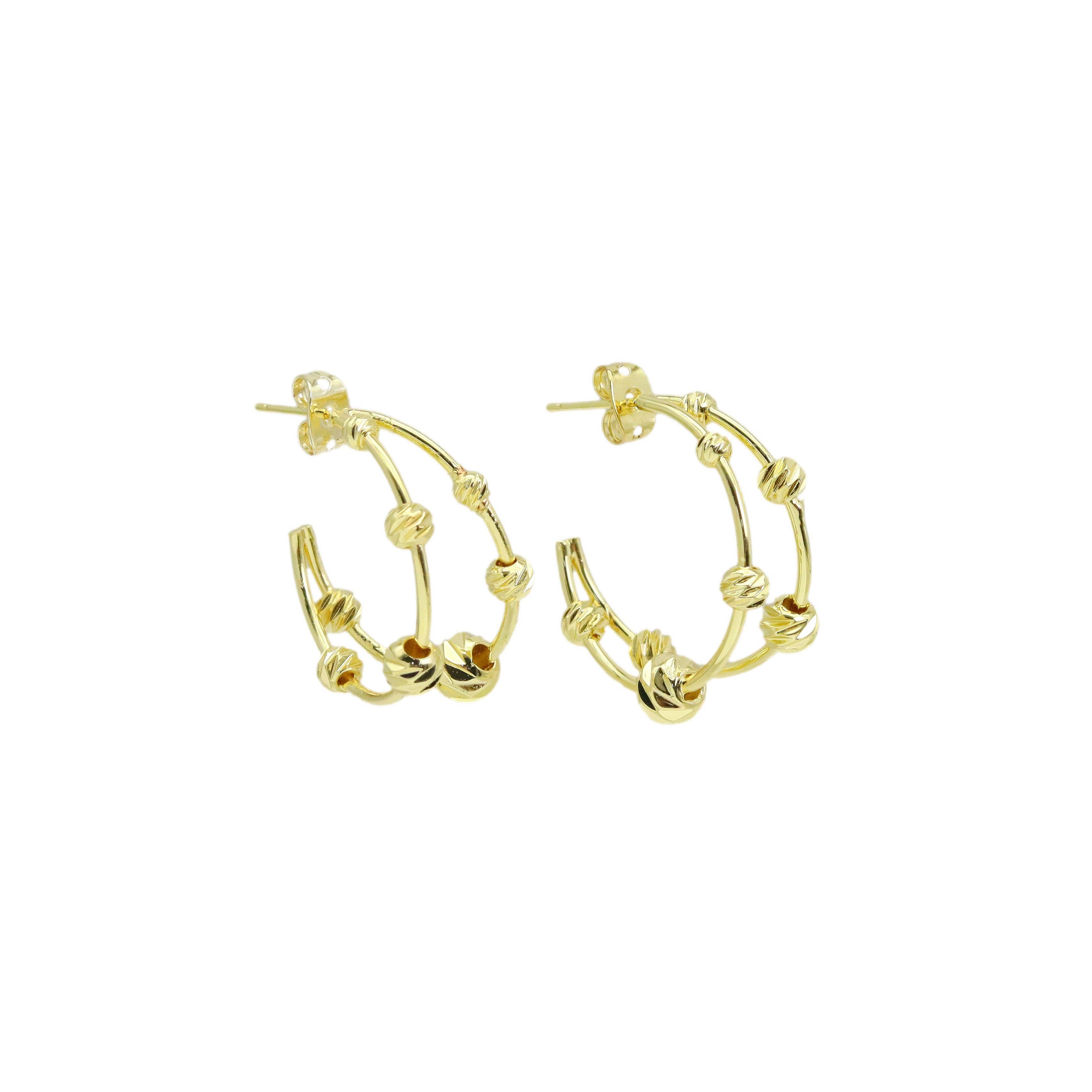 Gold Round Ball Double Lines Huggie Earrings, Sku#LX472