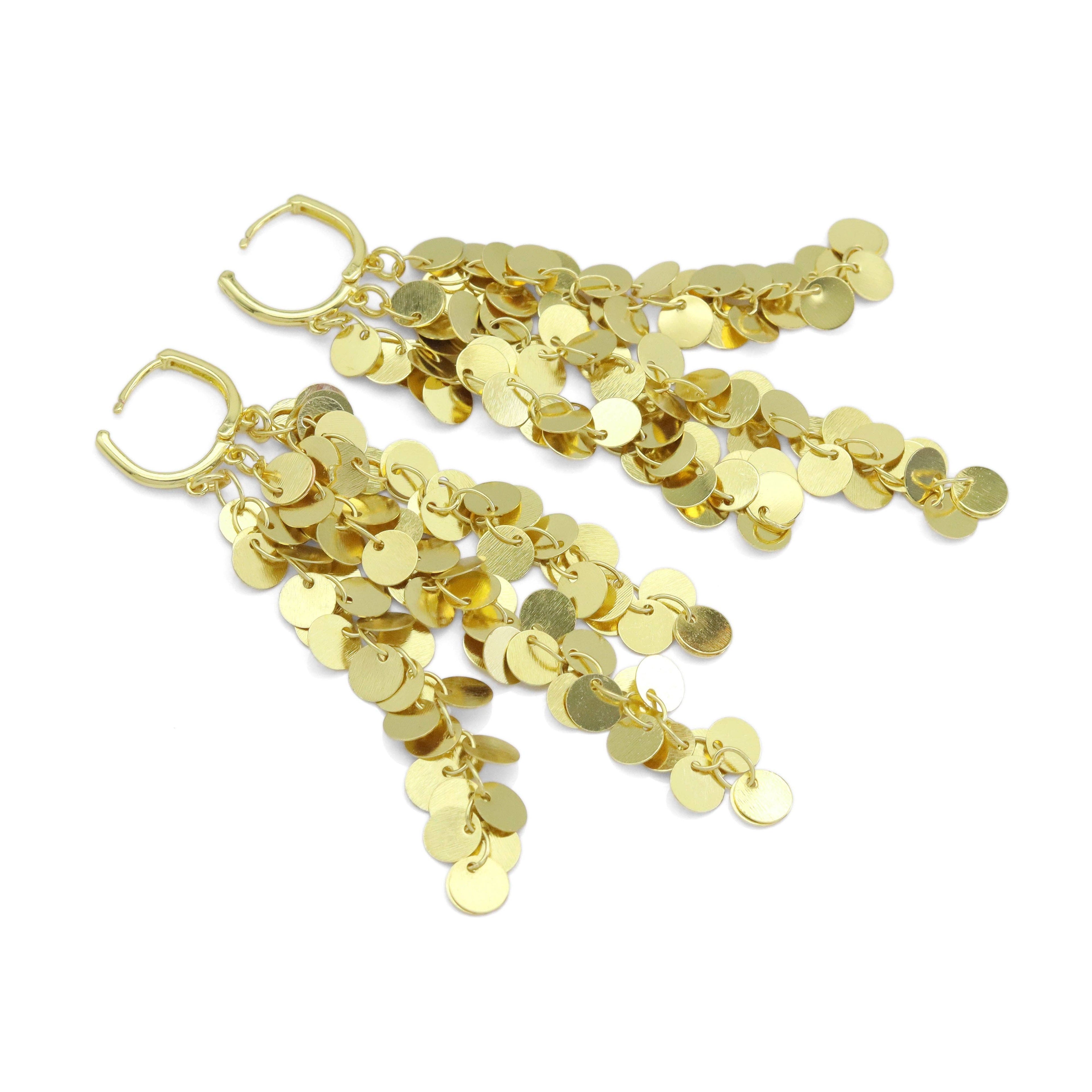 Gold Long round disc Tassels Earrings, Sku#Y916