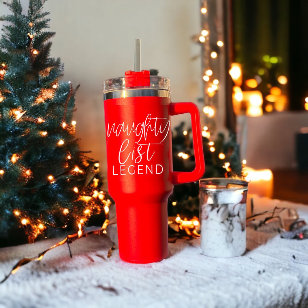 40oz Insulated Christmas Tumbler Red Mug With Handle Lid Straw Naughty Legend