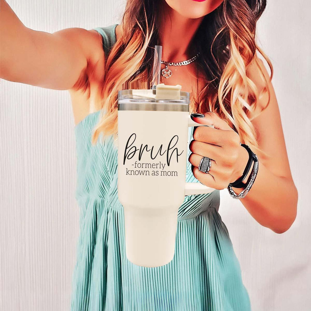 40oz Tumbler Insulated Travel Cup With Handle Lid Straw Funny Bruh Mom Gift