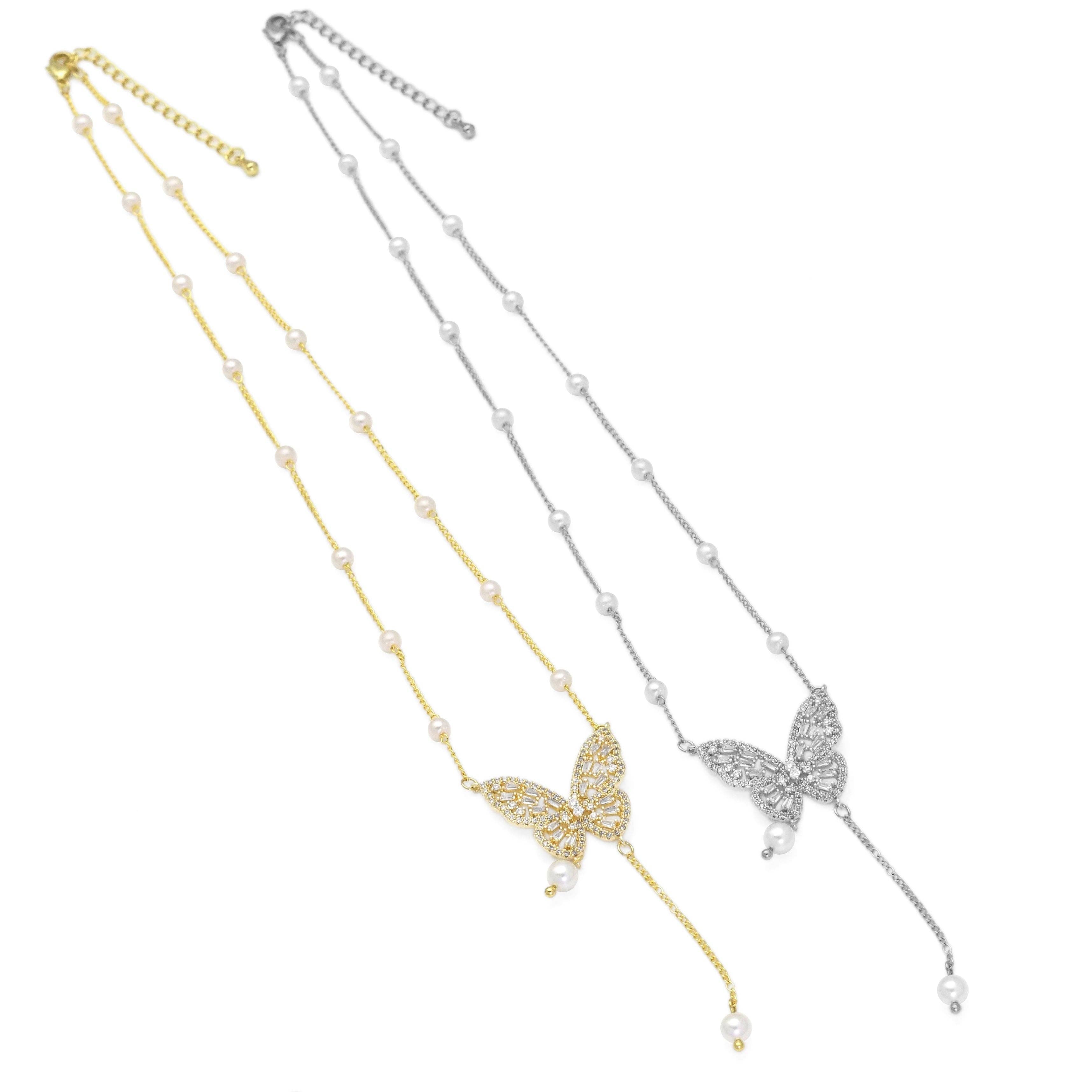 Gold Silver Pearl Butterfly Charm Adjustable necklace, Sku#EF339