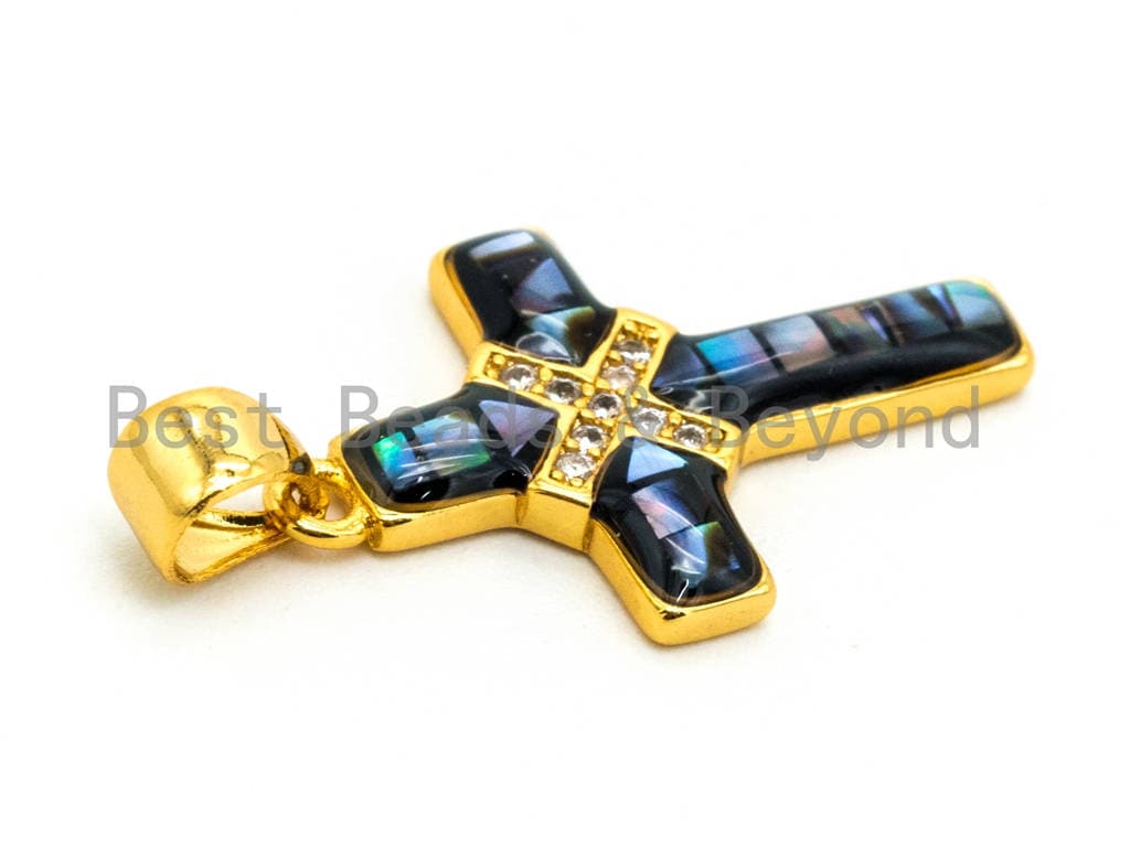 Abalone CZ Micro Pave Cross Pendant, 24K Gold Silver Plated, Cubic Zirconia Abalone Charm/Pendant, Jewelry Findings, 14x22mm, sku#Z44