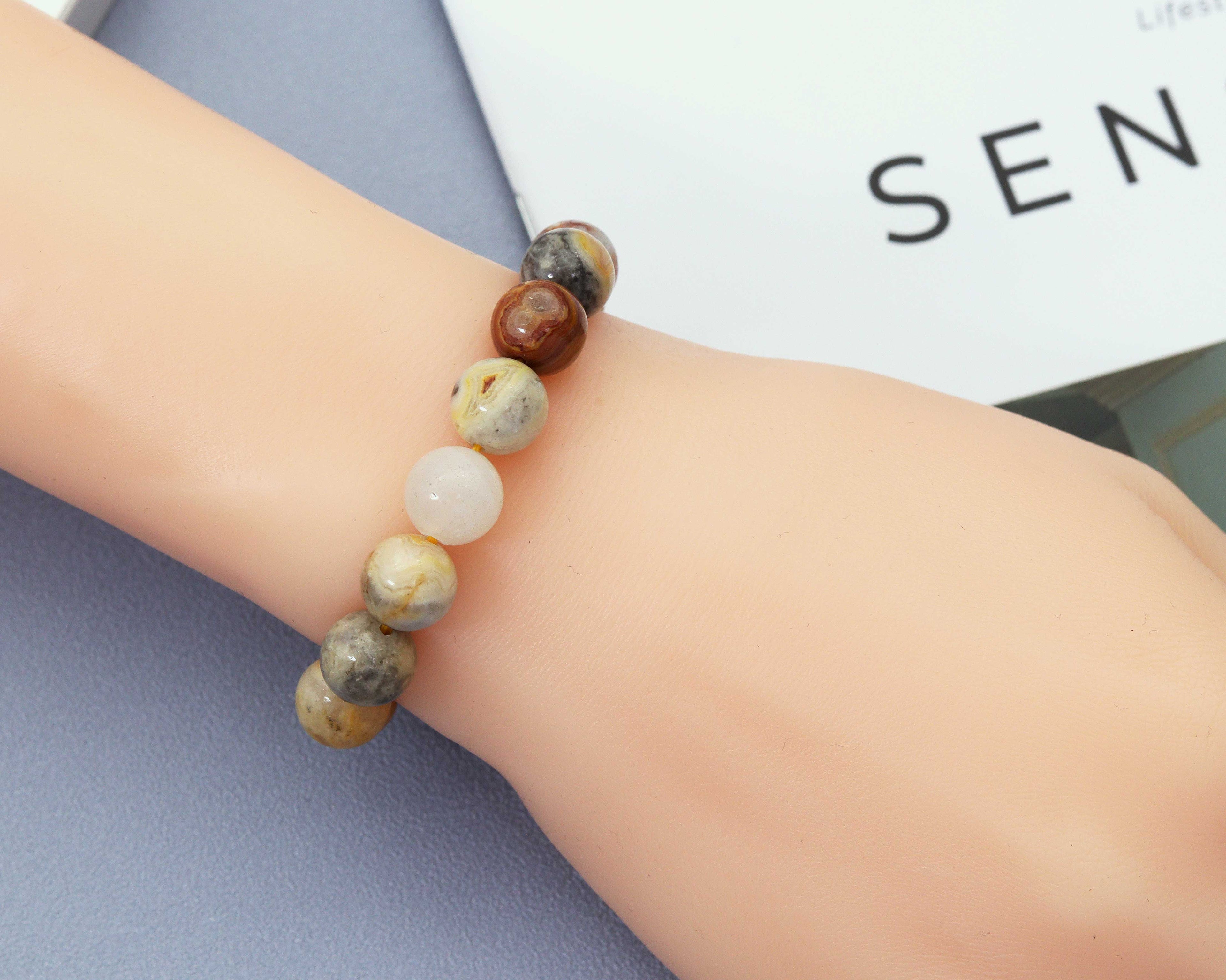 Natural Crazy Lace Agate Smooth Round Stretchy Bracelet, Sku#EF136