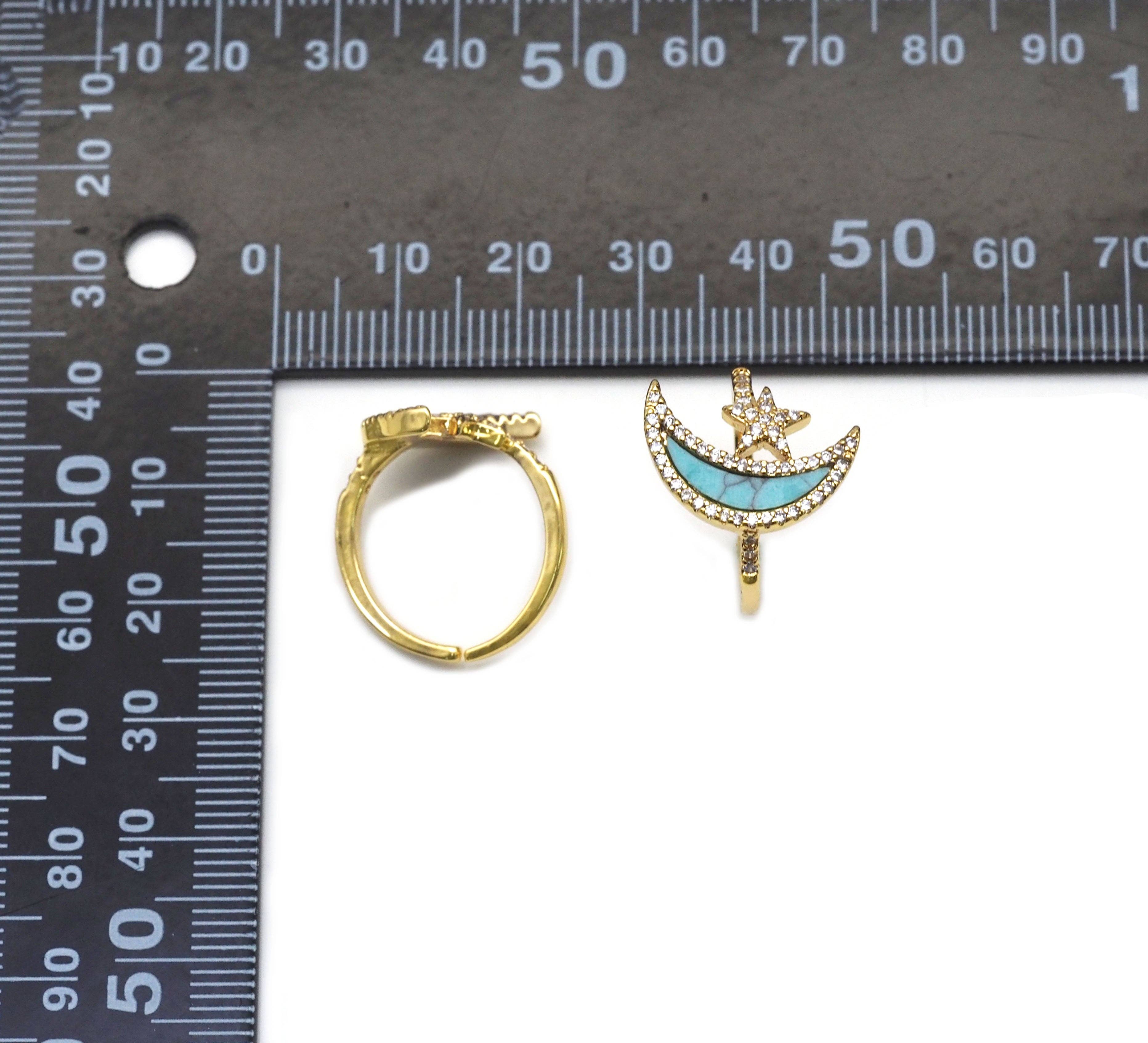 Gold CZ Cresent Moon Star Turquoise Adjustable Ring, Sku#O112
