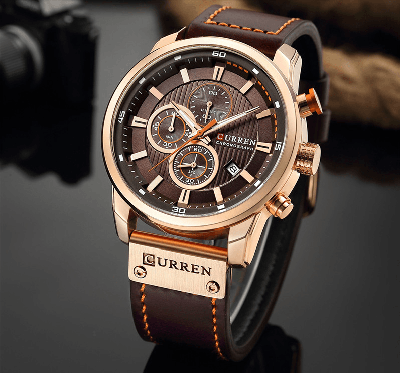 Montre de sport élégante et étanche pour homme avec chronomètres, affichage de la date, bracelets en cuir et verre Hardlex résistant aux rayures. Cadeau idéal pour lui.