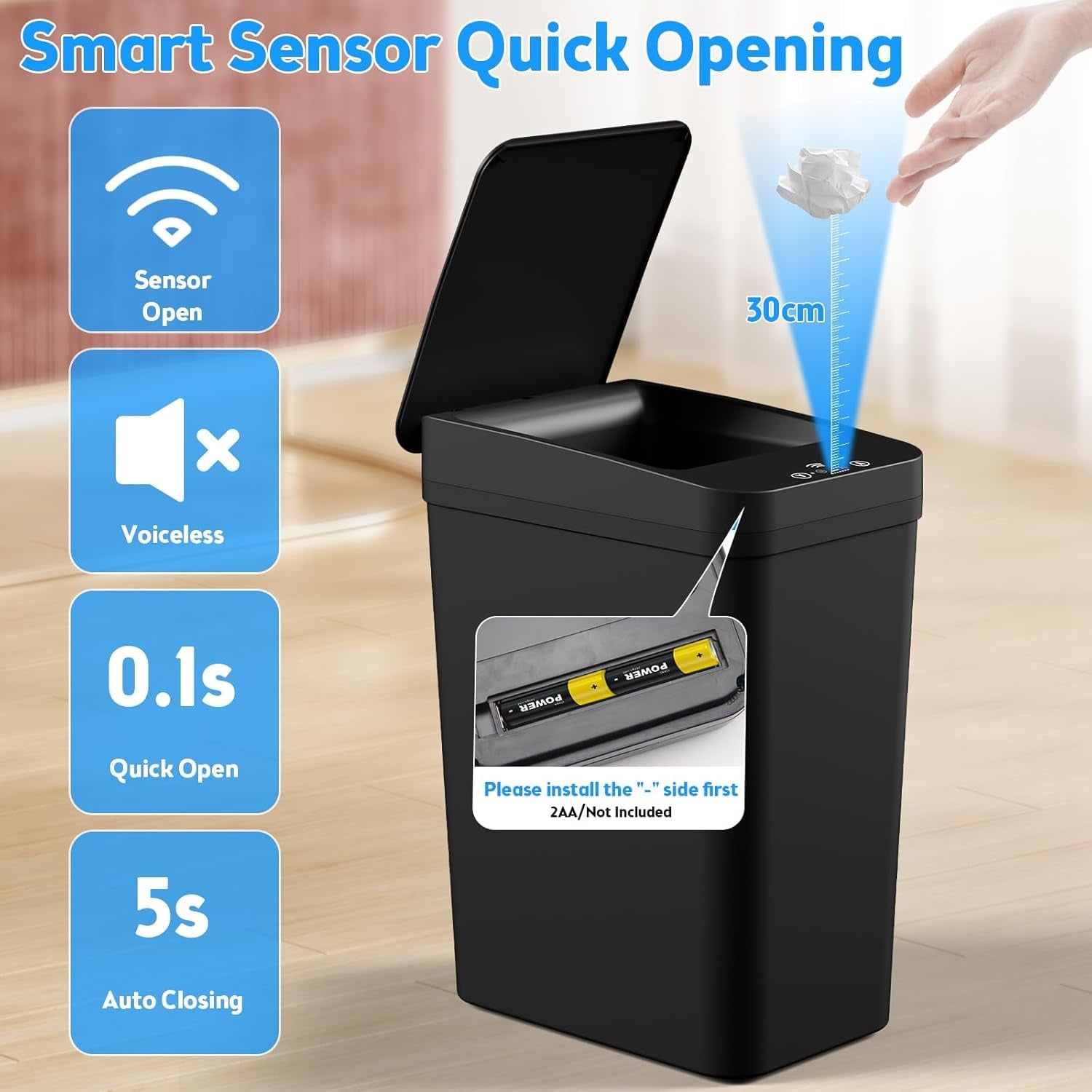 Bathroom Trash Can with Lid, 2 Pack 4 & 2.2 Gallon Automatic Touchless Garbage Can, Small Motion Sensor Smart Trash Can, Slim Waterproof Trash Bin for Bedroom, Bathroom, Office, Living Room (Black)