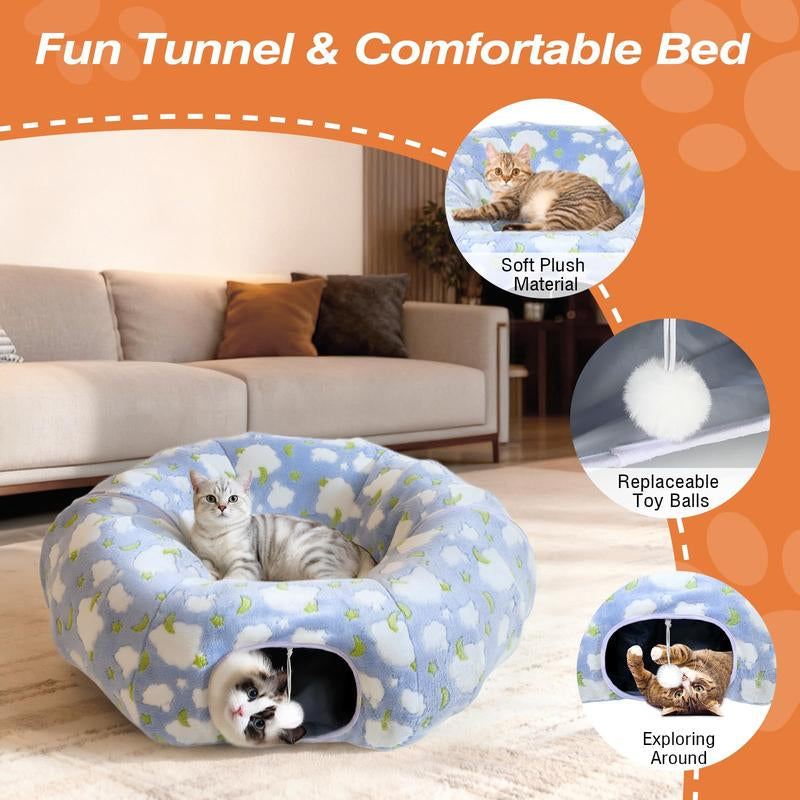 Cat Tunnels for Indoor Cats, 35'' Plush Cat Tunnel Bed Christmas Tree Skirt with Playful Ball and Circle Cushion, Foldable Peekaboo Cave, Interactive Toy