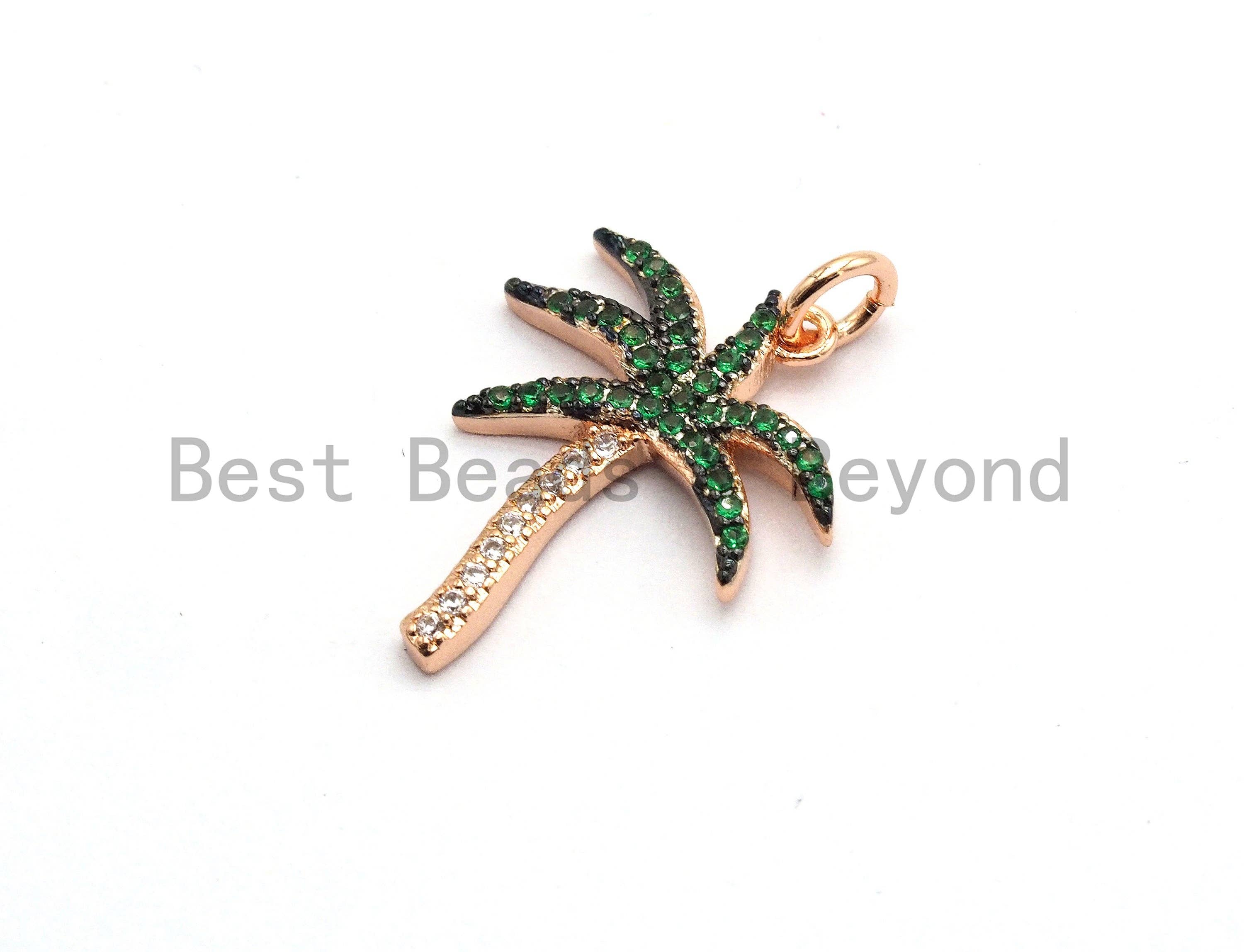Green CZ Micro Pave Coconut Tree Pendant, Palm Tree Pave Pendant, Gold/Rose Gold/Silver/Gunmetal plated, 17x21mm, Sku#F698C