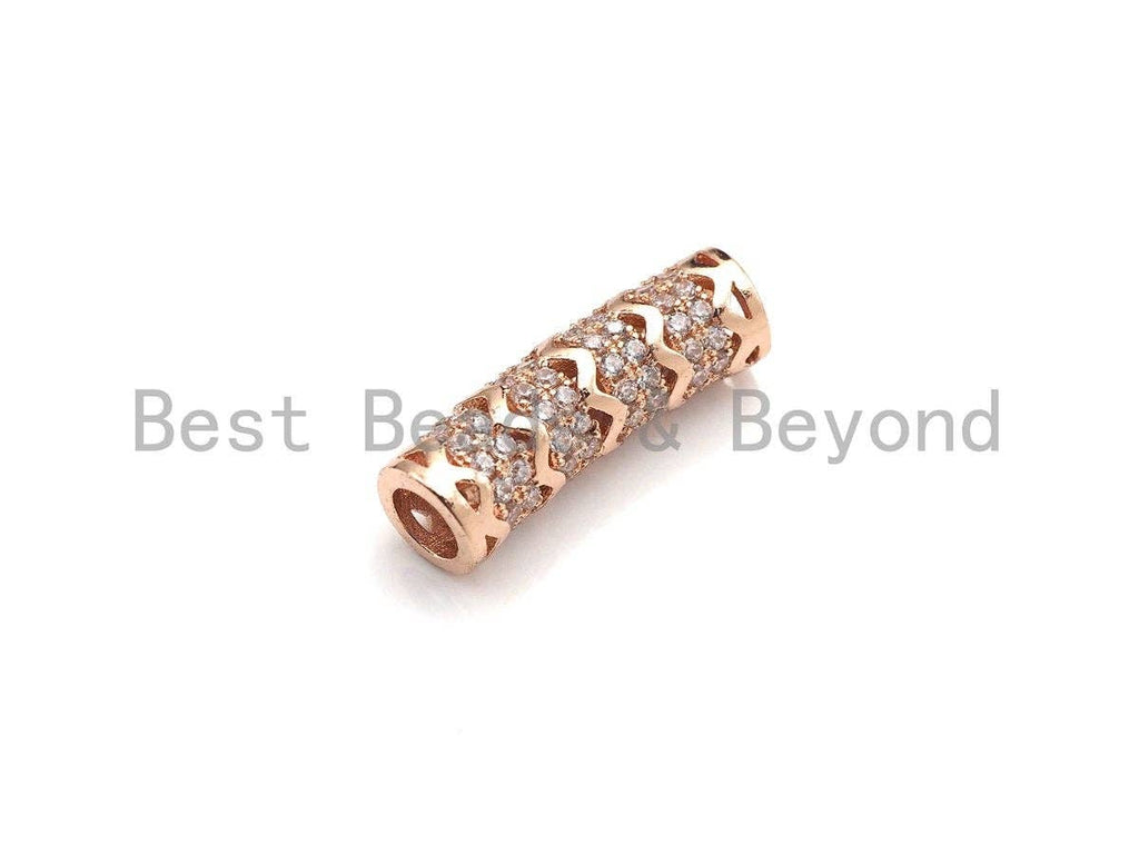 Clear CZ Micro Pave Fancy Wavy Line Big Hole Curved Tube, Cubic Zirconia Spacer Tube for Bracelet, 8x25mm, sku#Z1077