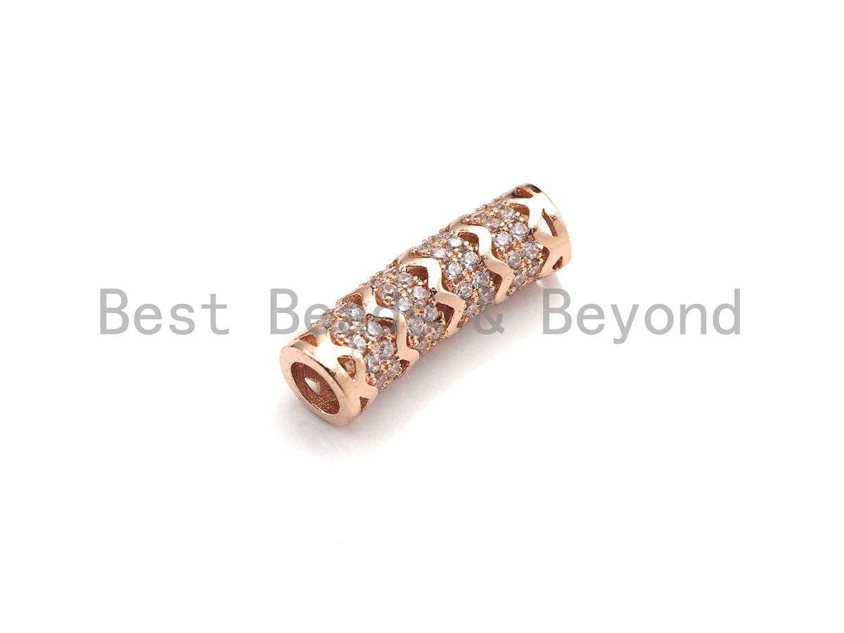 Clear CZ Micro Pave Fancy Wavy Line Big Hole Curved Tube, Cubic Zirconia Spacer Tube for Bracelet, 8x25mm, sku#Z1077