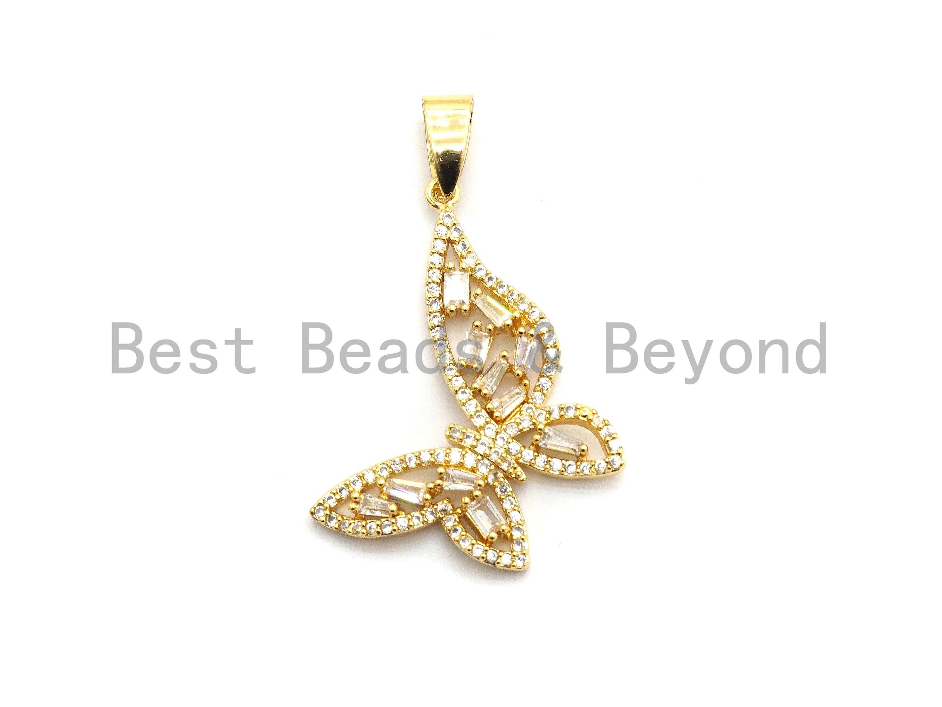 CZ Micro Pave Butterfly Shape Pendant with Baguette CZ cluster, Gold/Silver/Black/Rose Gold Plated Jewelry,29x31mm,sku#F699