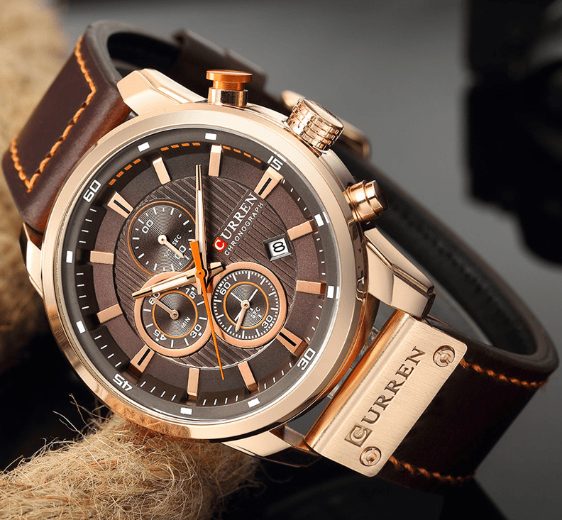 Montre de sport élégante et étanche pour homme avec chronomètres, affichage de la date, bracelets en cuir et verre Hardlex résistant aux rayures. Cadeau idéal pour lui.