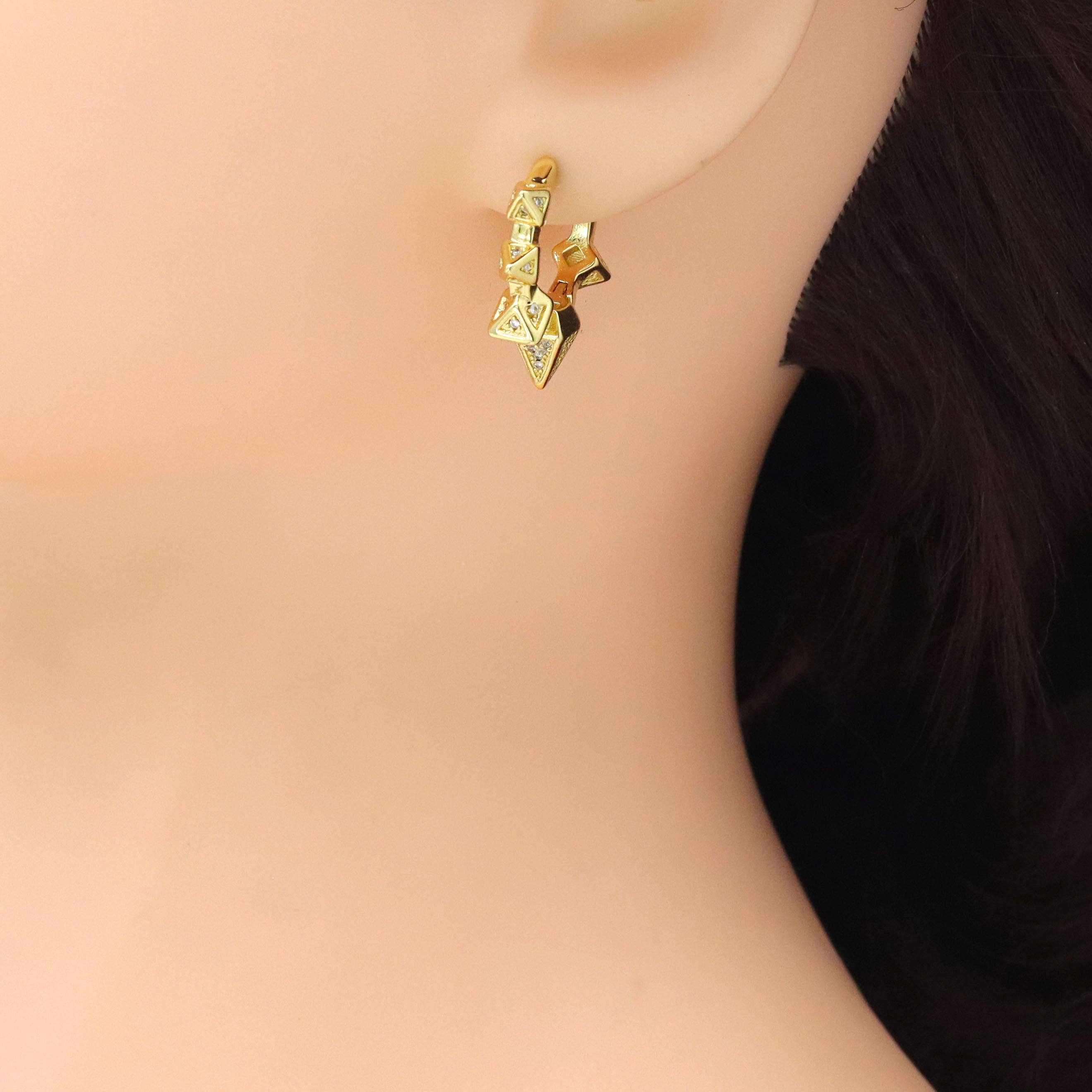 Clear CZ Gold Spike Hoop Earrings, Sku#LX741
